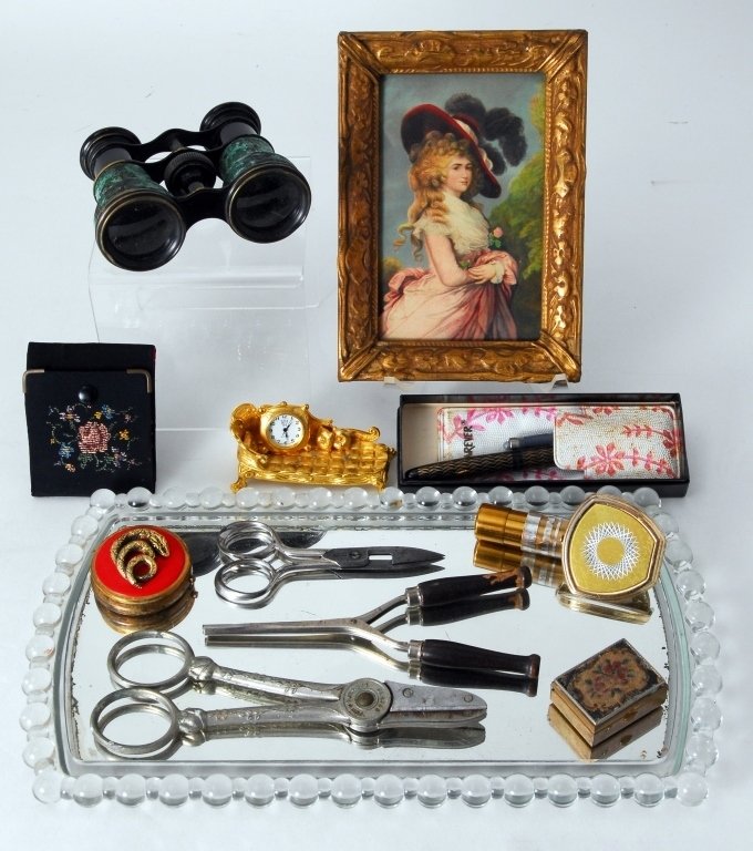 Ladies Dresser Tray, Clock, Pen, Pill Boxes & More (1 of 8)