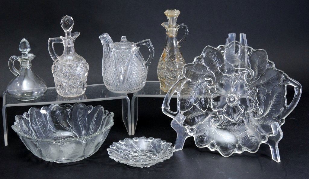 Floral Pressed Glass, Cruets and Display Pitcher (1 of 4)