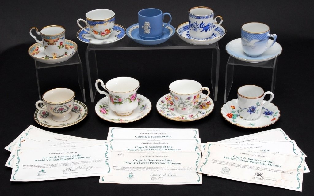 Cups & Saucers of World's Great Porcelain Houses: Nine demitasse cups and saucers w/Certificates of Authenticity from Royal Adderley, Bareuther, Minton, Pickard, Wedgwood, Haviland, Hutschenreuther; Bing & Grondahl.