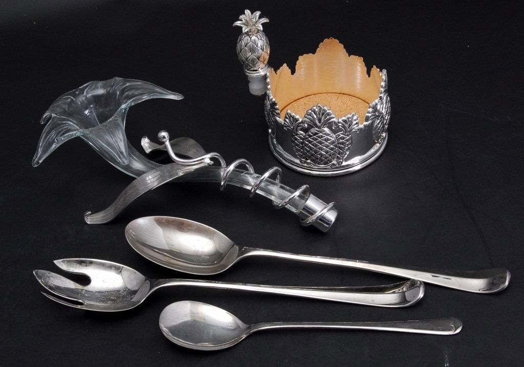 Silverplate Serving & Table Pieces: 11" flower holder, Godinger wine coaster w/stopper (marked $32.00), serving spoons & fork.