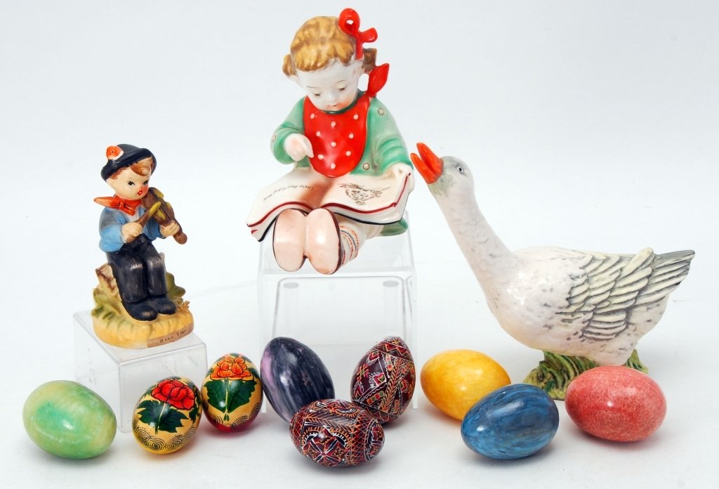 3 Piece Ceramics & Nine Wood & Stone Eggs: Goose, little girl 5.5" tall, (Made in Japan) and music time handpainted little boy figure.