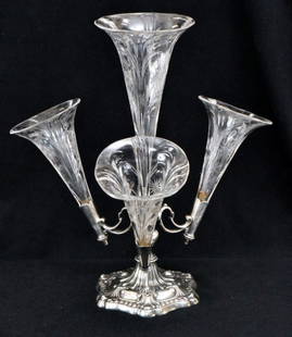 Silverplate & Cut Crystal 4-Horn Epergne: Walker & Hall Sheffield England, 14" tall.