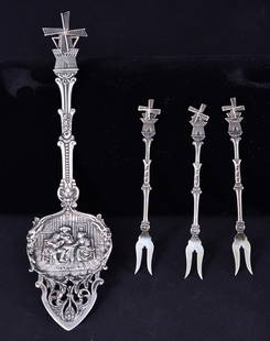 Silverplate Windmill Server & 3 Matching Forks: Made in Holland, server 8.5" long, forks 4.5" long.