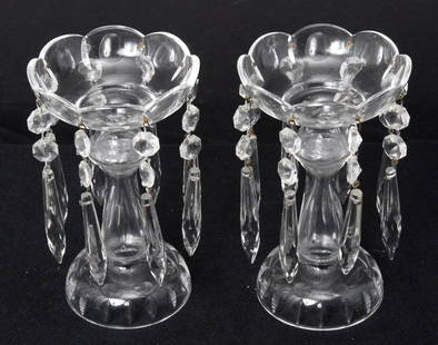 Pair Crystal Candleholders w/Long Drops: 7" tall.