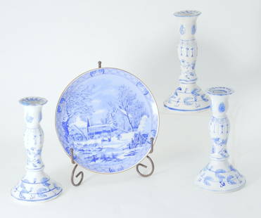 Blue & White Currier & Ives Plate, 3 Candlesticks: 9" diameter plate The Farmer's Home Winter, candlesticks 8.5" tall.