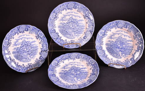 4 Salem China Company English Village Plates: Olde Staffordshire, English Ironstone, hand engraved underglaze, 10" diameter.