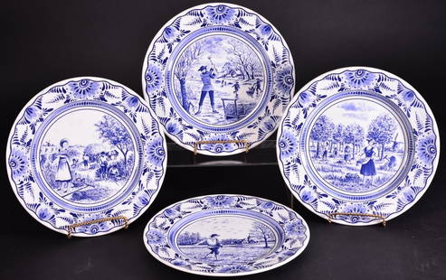 4 Blue & White Luneville Studio French Plates: Pattern on plates all differ, 10" diameter.