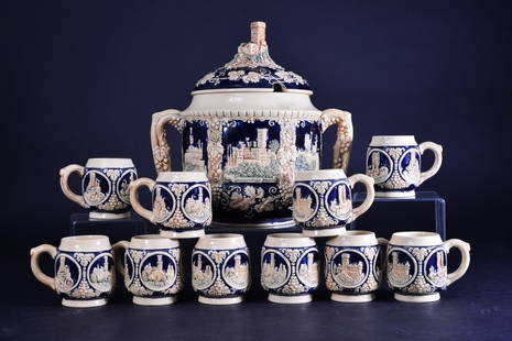 Covered Wine Tureen and 10 Cups: Tureen 5" diameter x 8" tall, marked 2936.