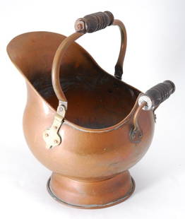 Copper Coal Bucket: Wooden handles, 13" tall.