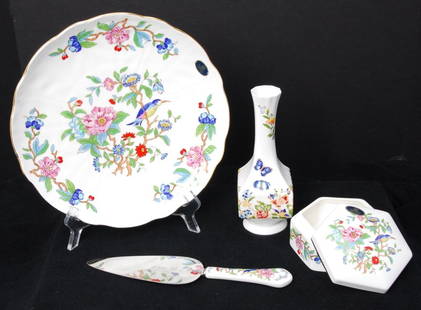 Four Pieces Reproduction 18th C Pembroke China: Aynsley design, 10" D plate, Made in England, pie server, covered box and vase.