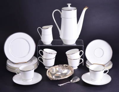 Mikasa Japanese Coffee Set: Silver trimmed, covered coffee pot, 6 cups & saucers, six 7.5" D plates, creamer, heart shaped silverplate dish and server.