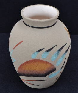 Native American Signed Sand Art Pot: Rancho Feliz, NM, 6" T.