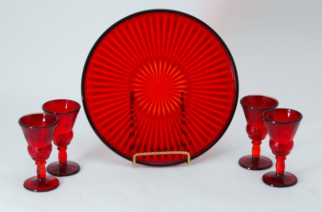 Ruby Red Glass Tray and 6 Stems (1 of 2)