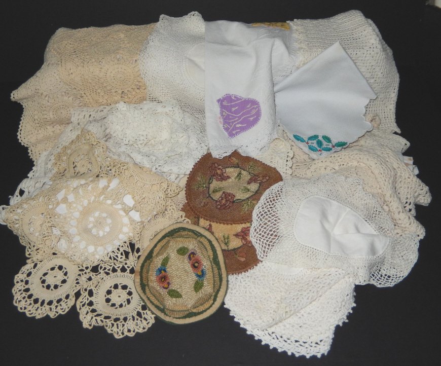 Crochet & Hand Embroidered Vintage Doilies: Varying sizes and shapes.