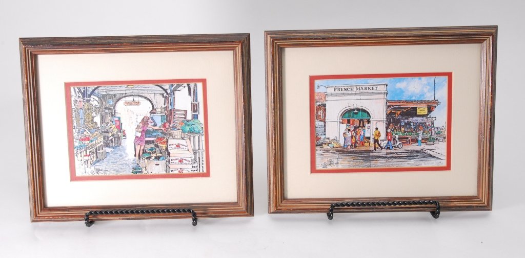 Pair Stan Routh Limited Edition New Orleans Prints: Both prints 205/1000 of New Orleans French Market, one marked 1984, framed under glass 9" tall x 11" wide.
