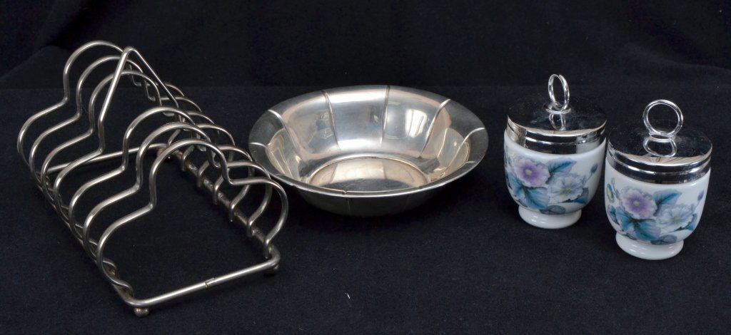 Sterling Dish, Toast Rack & Egg Cups: Sterling dish 5.25" diameter (1.5 troy oz.), 6-slot rack and 2 Royal Worcester egg cups.