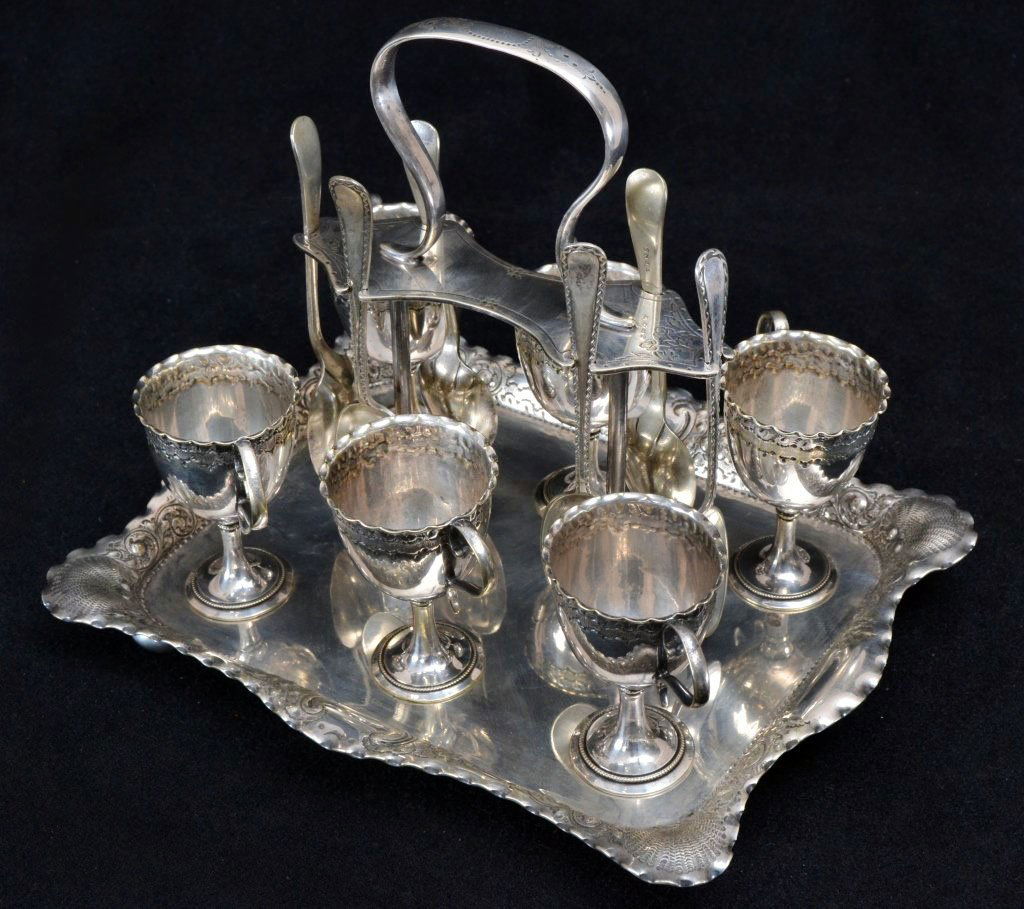 Silverplated Footed Cups, Spoons on Ornate Tray (1 of 4)