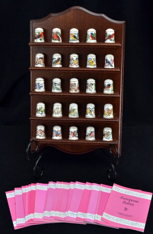 Song Birds of the World Thimbles w/Wall Rack: Franklin Mint thimbles, rack 11" T x 7.5" W.