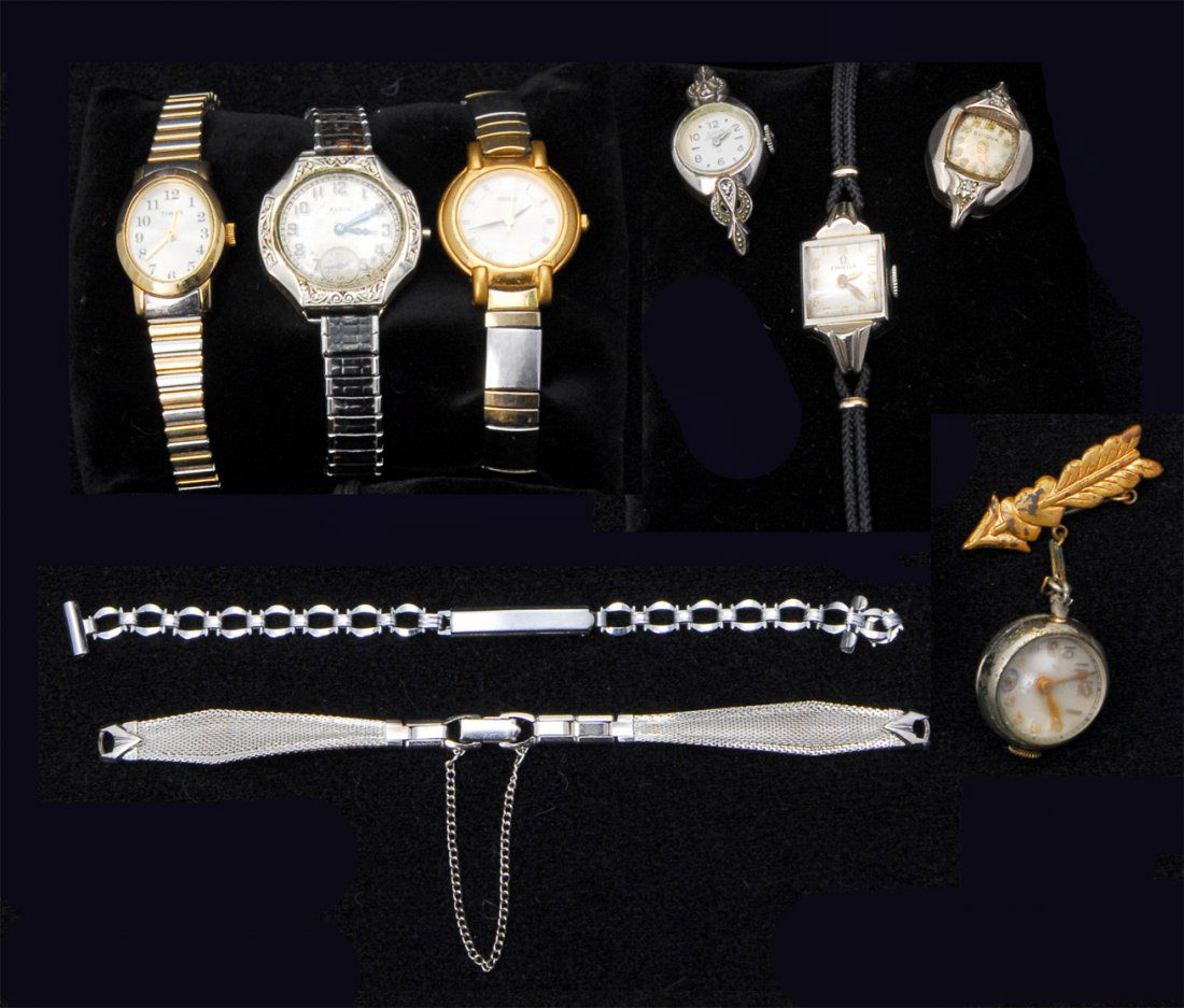 Ladies Vintage Watches: Brands noted Seiko, Omega, Timex, Elgin, Bulova, and two watch bands. Estate watches.