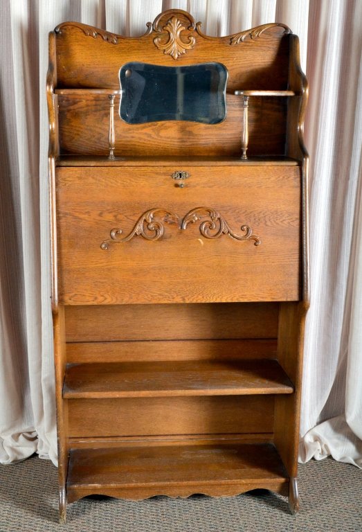 Oak Beveled Mirror Fall Front Desk Over Shelves (1 of 7)