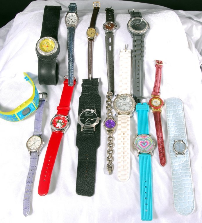 Fourteen Men & Ladies Watches: Inc. Denim, Faded Glory, Chalet, Ashley Princess, Kristine, Geneva, Charm Candy, Timex and Slap Style. Estate watches.