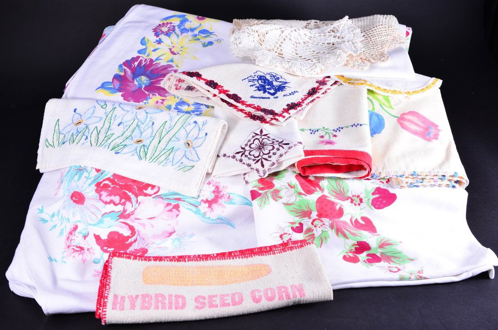 Colorful Vintage Linens: Tablecloths, napkins and crocheted doilies.