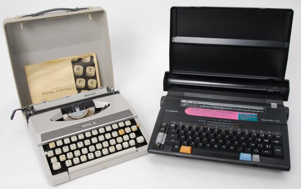 Royal & Canon Vintage Portable Typewriters: Royal Mercury w/cover and Canon Typestar 110.