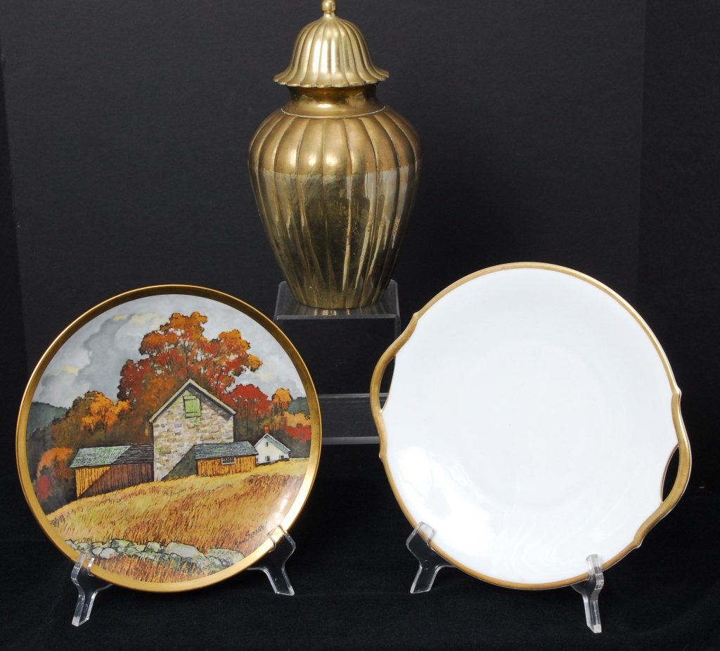 Globed Brass Jar and Two Gold Trimmed Plates (1 of 4)
