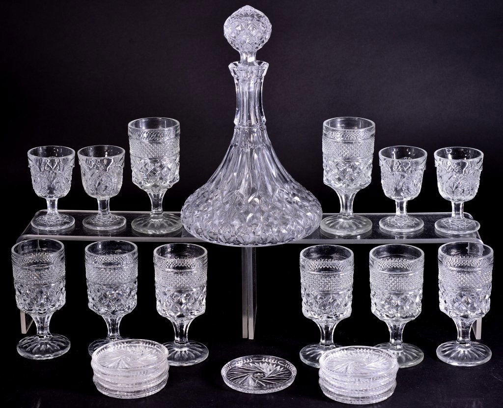 Ships Decanter, Goblets and Coasters: Decanter 11.5" T, 8 Wexford wine glasses 5.5" T, 4 decorated claret stems 3.75" T together w/8 cut glass coasters 3.5" D.