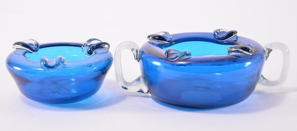 Pair Vintage Spanish Blue Handblown Glass Ashtrays (1 of 2)