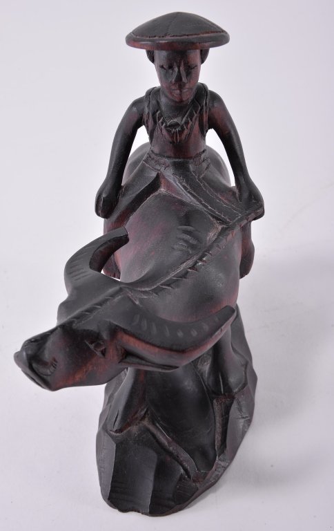 Vintage Hand Carved Malaysia Water Buffalo w/Man: 7.25" L x 8 " T.