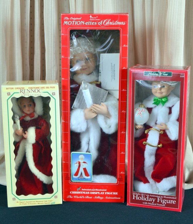 3 Christmas Holiday Animated & Illuminated Figures: In original boxes (the smallest one lights up, no movement).