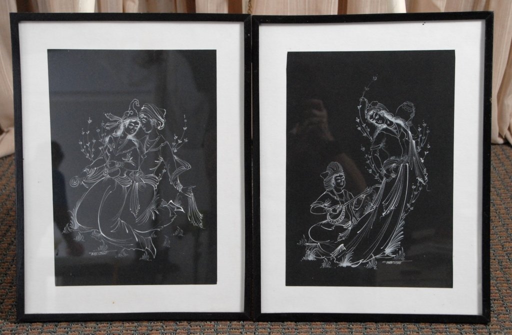 Two Vintage Bali Art Pieces Under Glass: 17" T x 13" W.