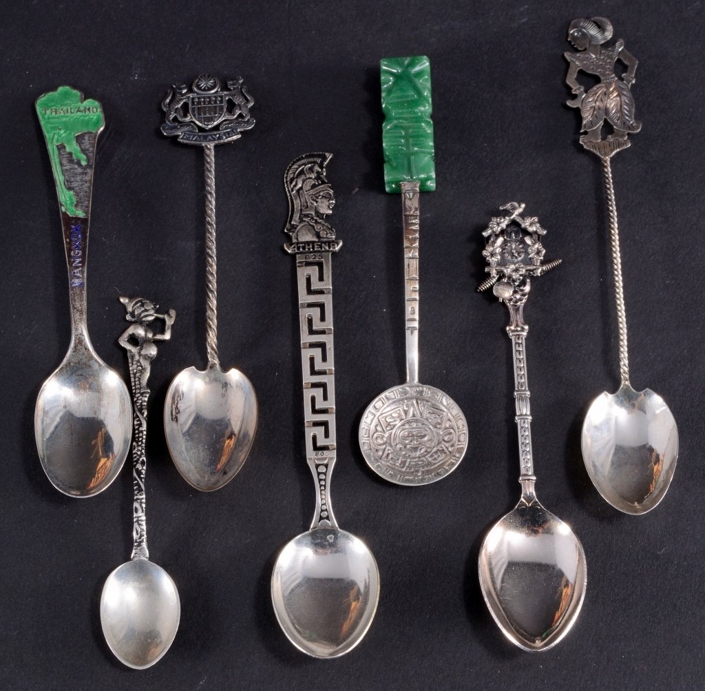 7 Sterling Souvenir Spoons: Inc. Mexico, Malaysia, Thailand and more, 4 marked w/sterling mark or number, 3 appear unmarked.