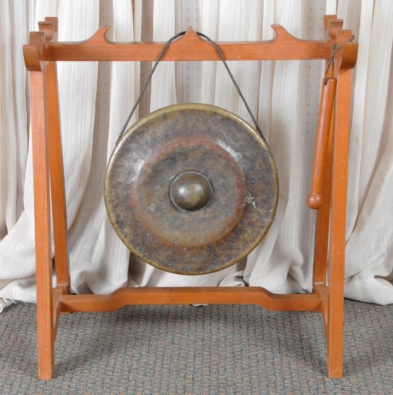 Vintage Malaysian Gong on Stand w/Mallet: 28" W x 16" D x 31" T.