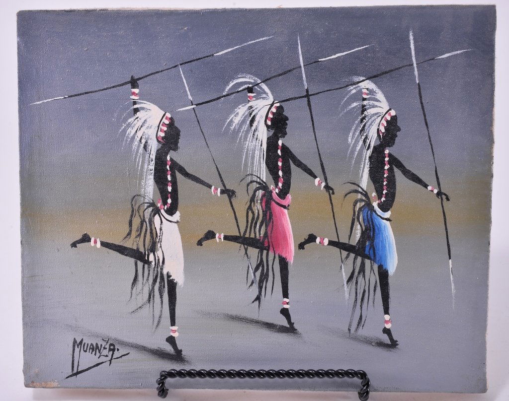 Vintage Signed Oil on Canvas of African Warriors (1 of 2)