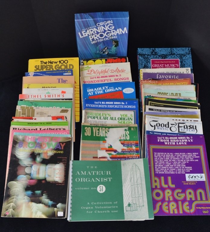 Vintage Sheet Music for Organs: Inc. Bradley's Rhythm Course for Organ, Sacred Melodies, Gold 100, In The Mood, The New 100 Super Gold For Organ and more. As found.