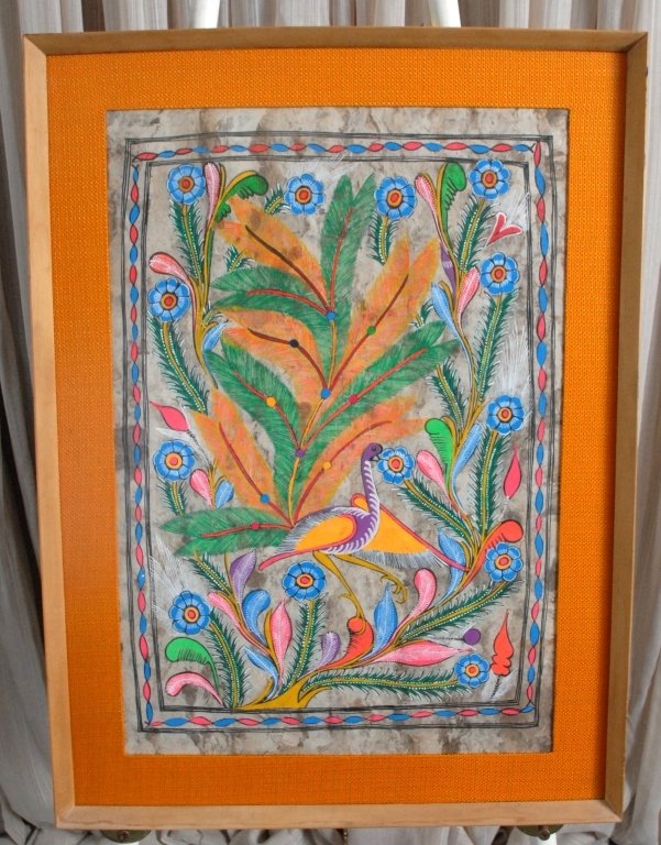 Mexican Bark Colorful Painting Framed Under Glass: 27.5" T x 20.5" W.
