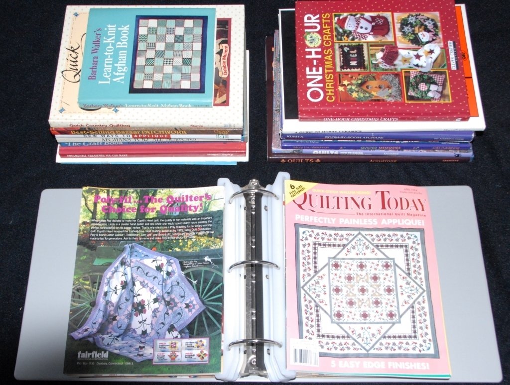 Books on Quilting, Afghans, Applique & More: Mostly on quilts & afghans inc. Binder of 1994 quilting magazines but also craft info on cross stitch, crochet edgings, patchwork, ceramics, kite making, beadwork, wood carving and jewelry.