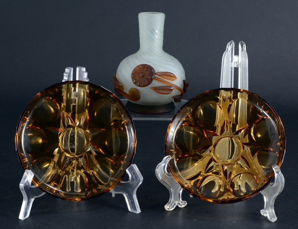 Frosted Vase w/Amber Applied Decor & 2 Dishes (1 of 1)