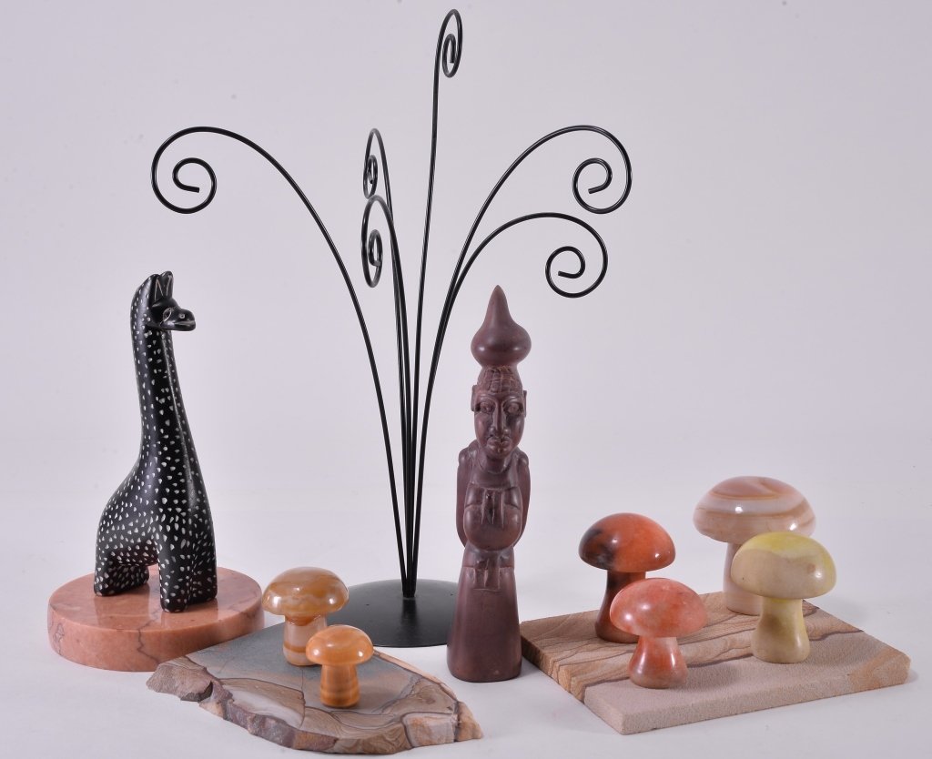 Stone Figure, Animal, Mushrooms & Cut Stone (1 of 2)
