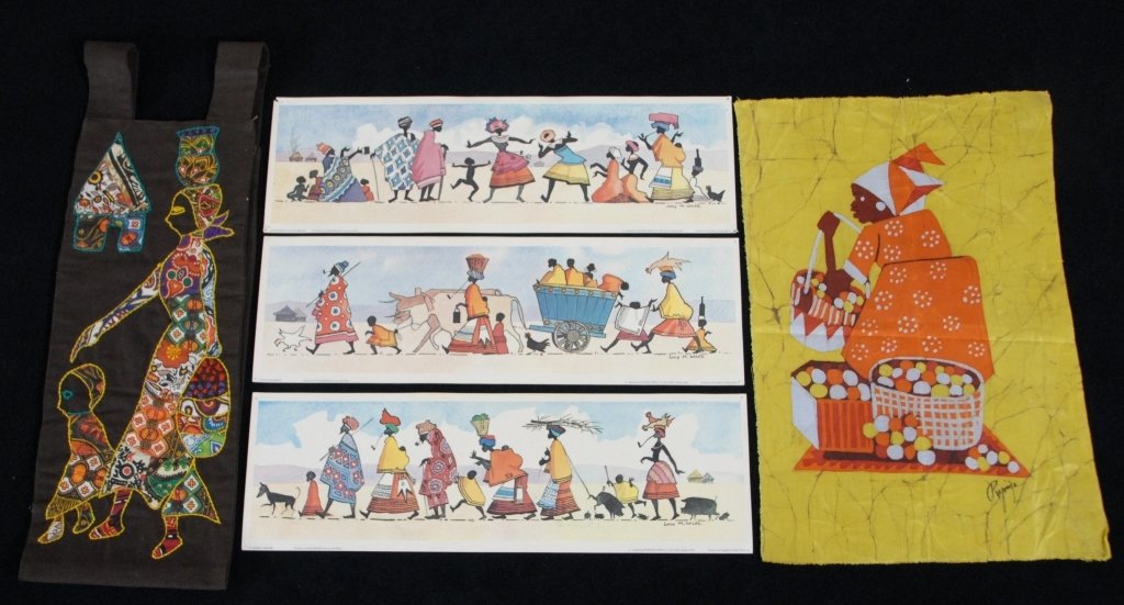 African Women Art in Prints and Applique: Trio prints on paper by Lucy M. Wiles printed in Republic of South Africa together with signed fabric print on yellow background and an appliqued carry all.