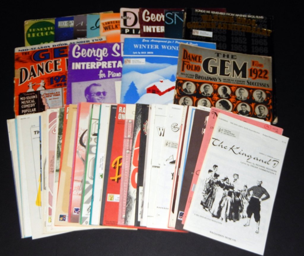 Vintage Piano Sheet Music Dancing & Showtunes Plus: Inc. The GEM Dance Folio for 1928, Solo Piano Showpieces, George Shearing Interpretations for Piano, Warner Bros., Golden Anniversary, On Broadway, Brigadoon, West Side Story and more.