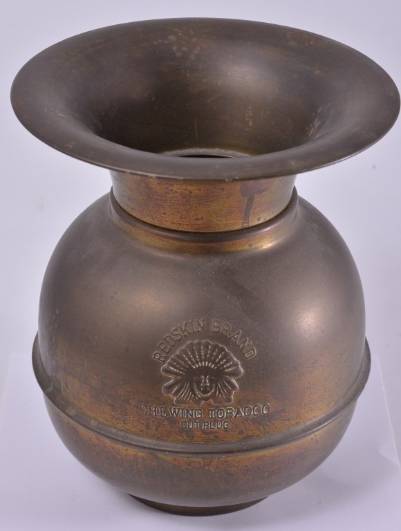 Vintage Brass Redskin Tobacco Spittoon: Emblem & wording on both sides, 11"T.