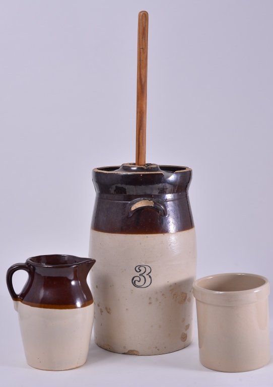 Trio Stoneware Crocks Including Butter Churn (1 of 3)