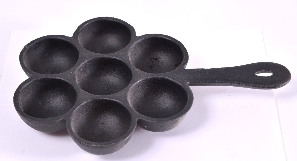 Cast Iron John Wright Ebleskiver Muffin Pan: Footed, marked "JW" on bottom, 7.25"D.