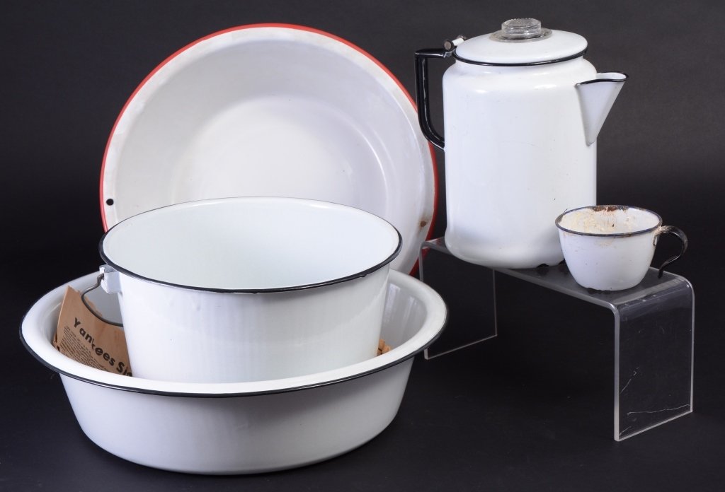 Enamel Coffee Pot, Pail, Pans & Cup (1 of 2)
