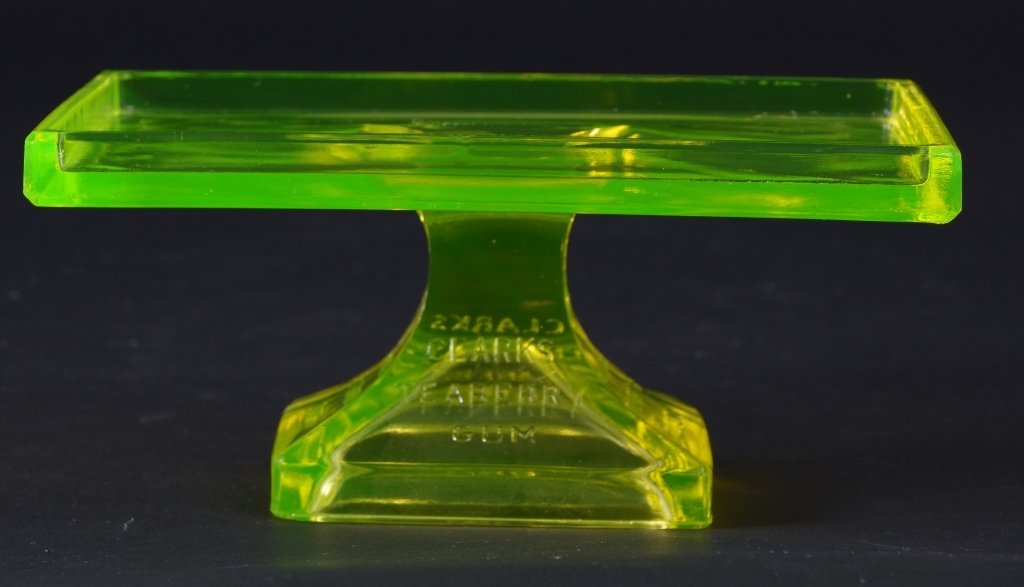 Clarks Teaberry Gum Vaseline Glass Pedestal: 7" x 4.75" x 3"T. Edge chip.