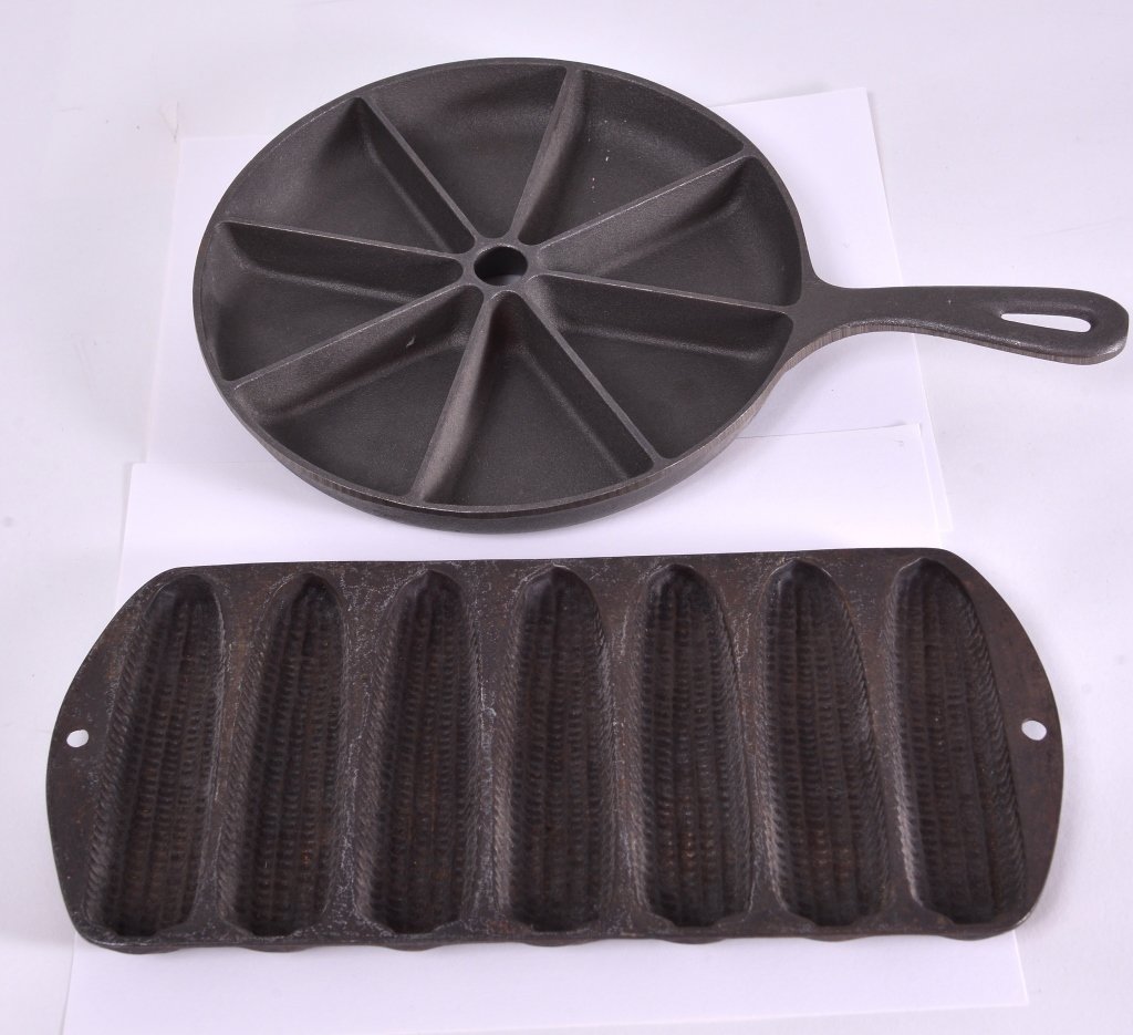 Stick and Pie Shape Cast Iron Pans: Vintage stick pan (12.5"L) marked w/an A, pie shape pan marked 8 CB and Made in USA.