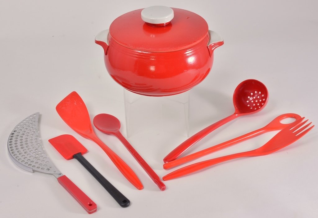 Ceramic Hull Red Covered Casserole & Red Utensils: Casserole 9.5" handle to handle.